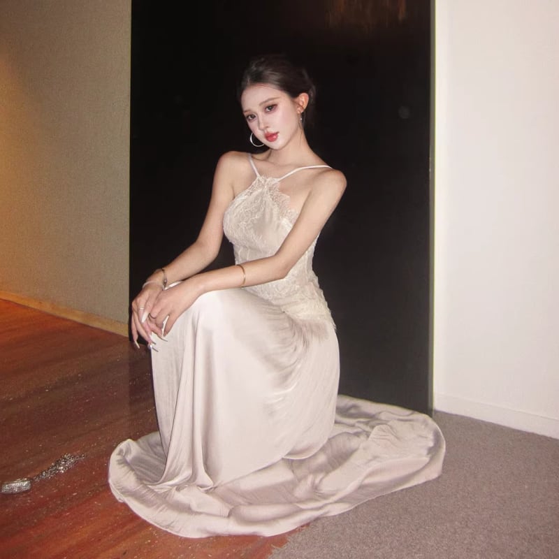 【dress】レースドッキングロングキャミワンピース Q8396