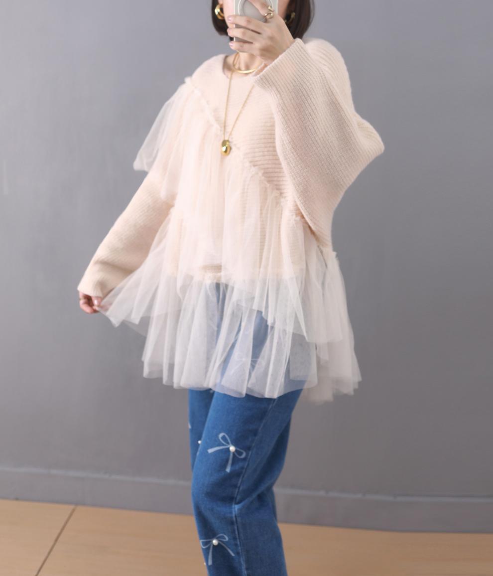 【tops】チュールドッキングニットセーター　M26966