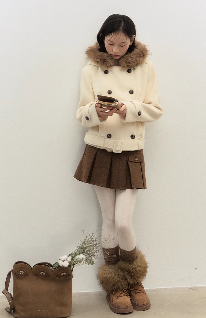 【outer】フードファー付きウールコート Q7362
