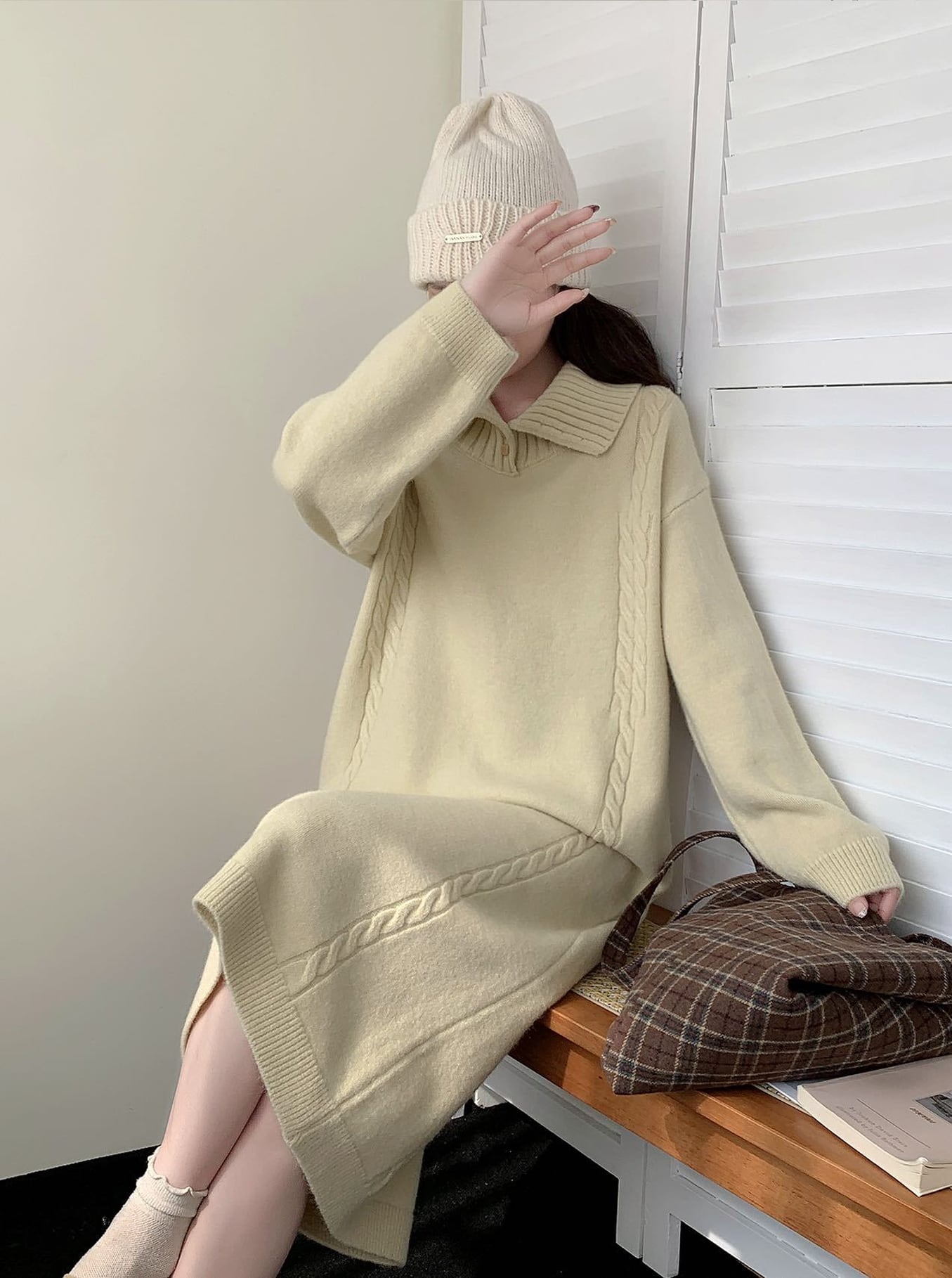 【dress】折り襟ロングニットワンピース Q7771