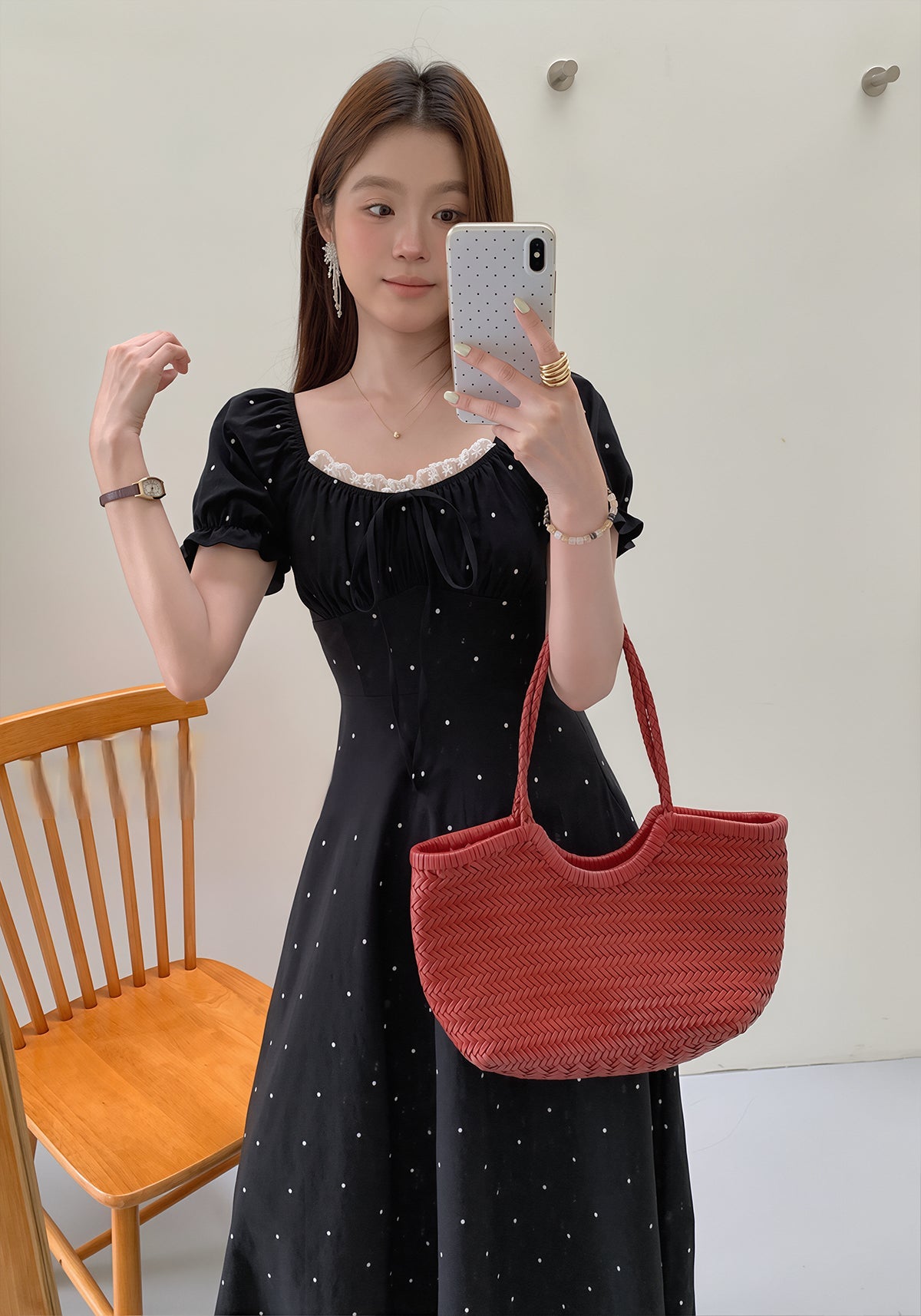 【dress】ドット柄レースドッキングロングワンピース Q8754