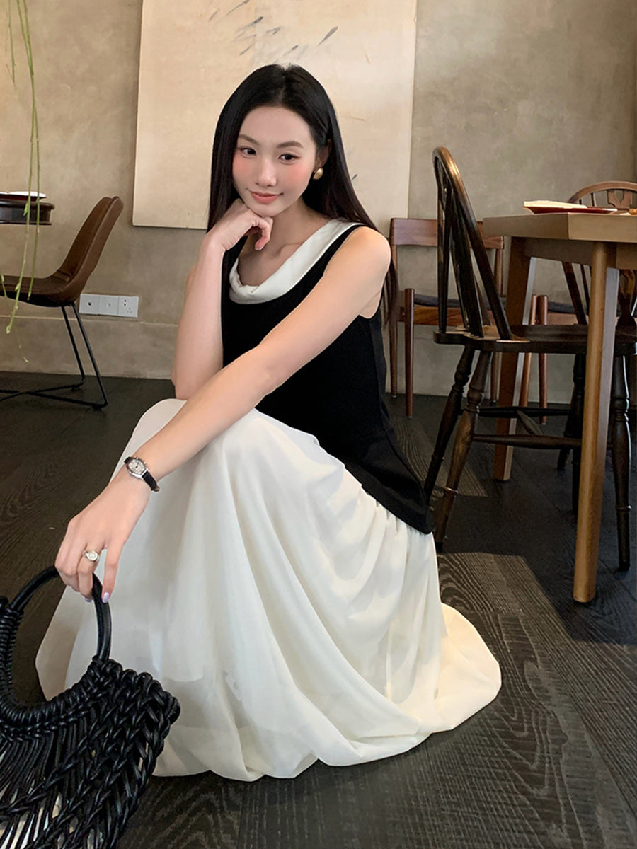 【dress】ノースリーブ配色ロングワンピース Q8749