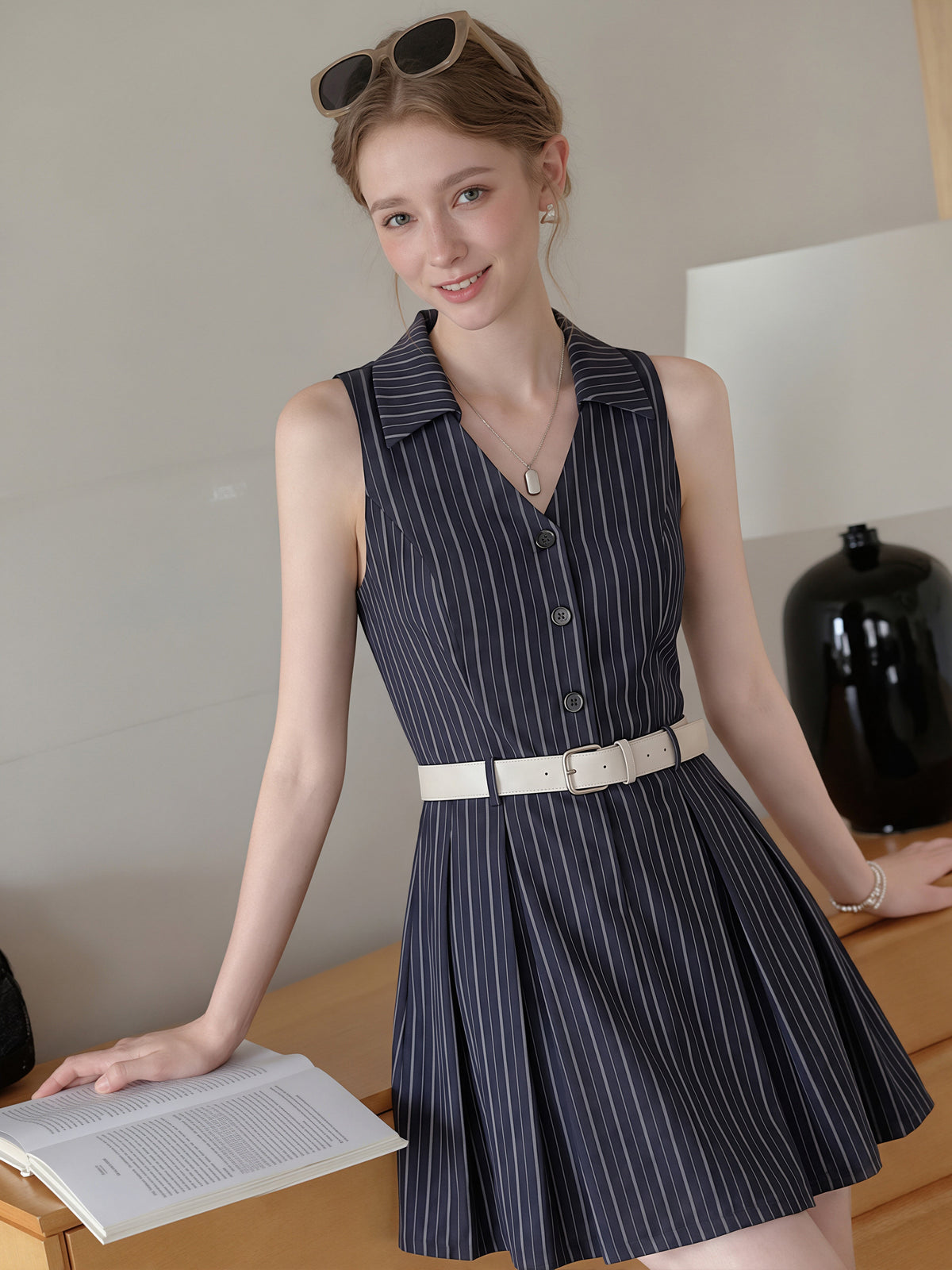 【dress】ノースリーブストライプ柄シャツワンピース Q8829