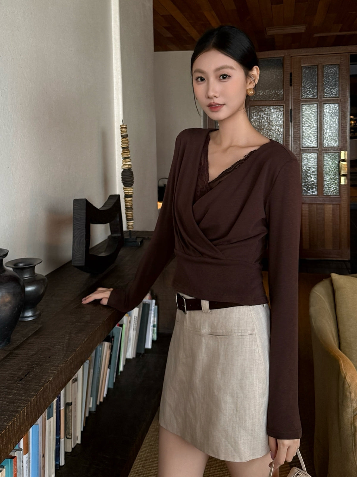 【tops】レースドッキングクロスネックトップス Q8923