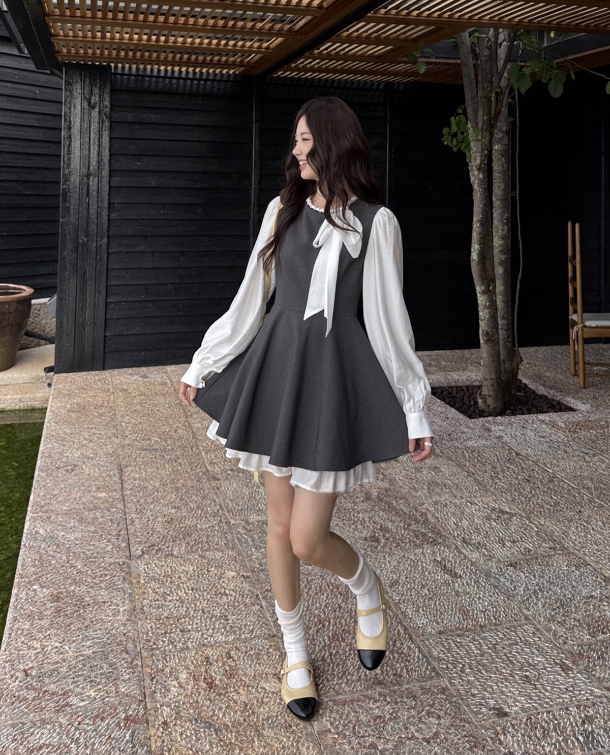 【dress】リボン付きフェイクレイヤードワンピース Q8928