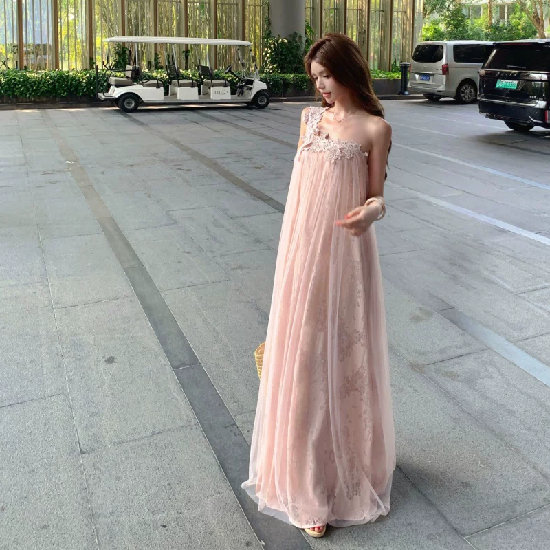 【dress】ワンショルダーレースドッキングチュールワンピース K0558
