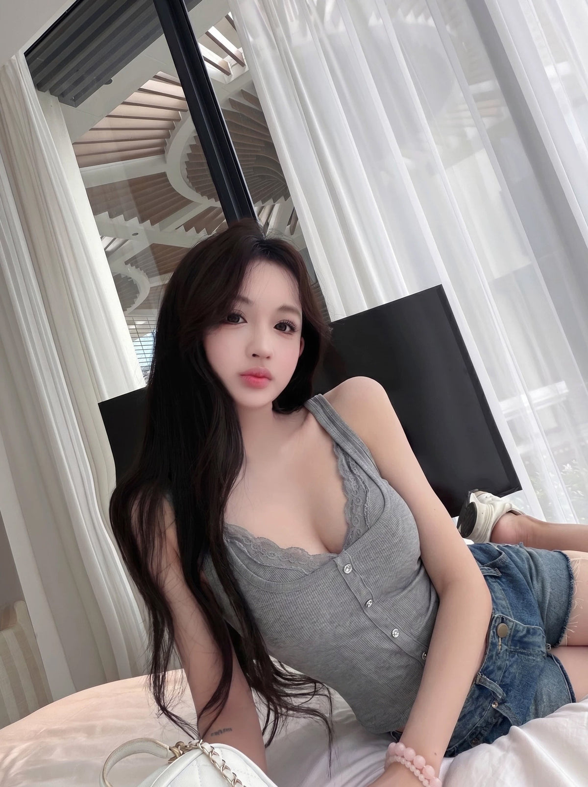 【tops】レースドッキングニットフェイクレイヤードキャミソール Q8736