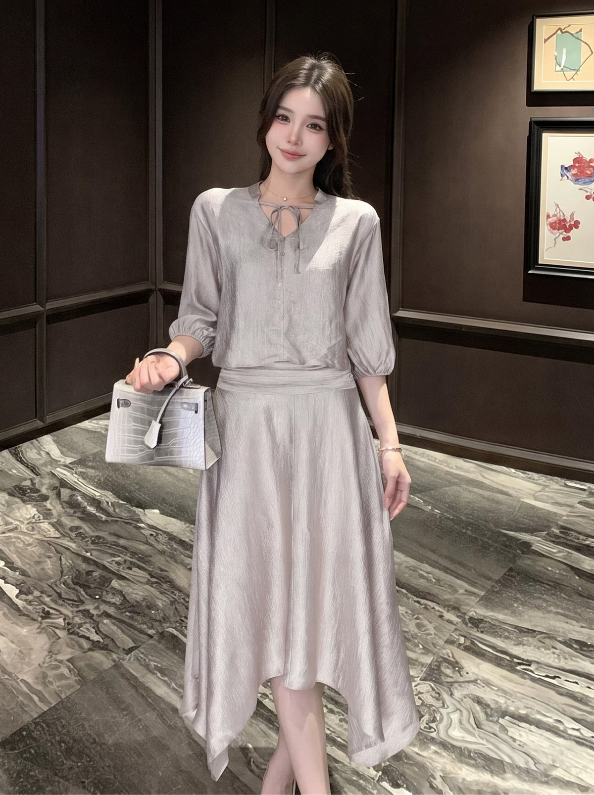 【dress】七分袖リボン付きワンピース Q8917