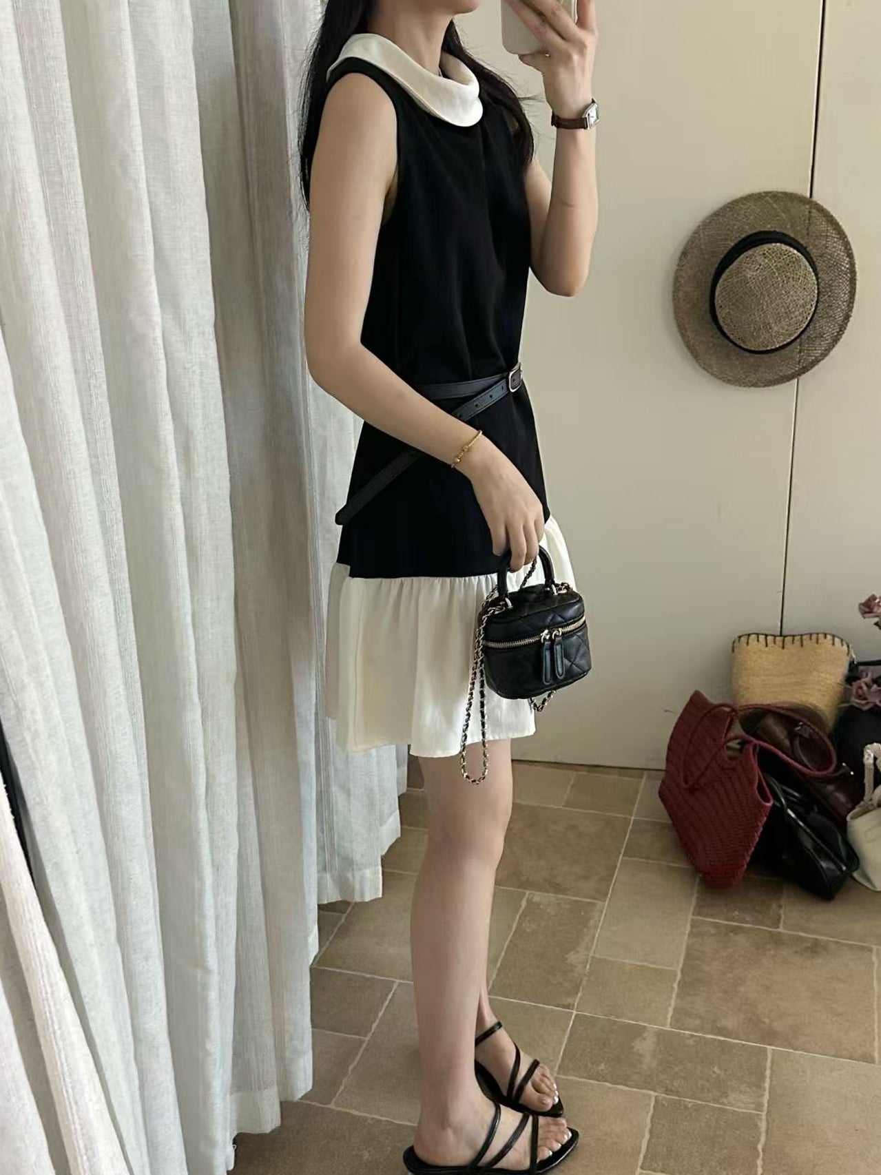 【dress】ノースリーブ襟付き配色ワンピース Q8712