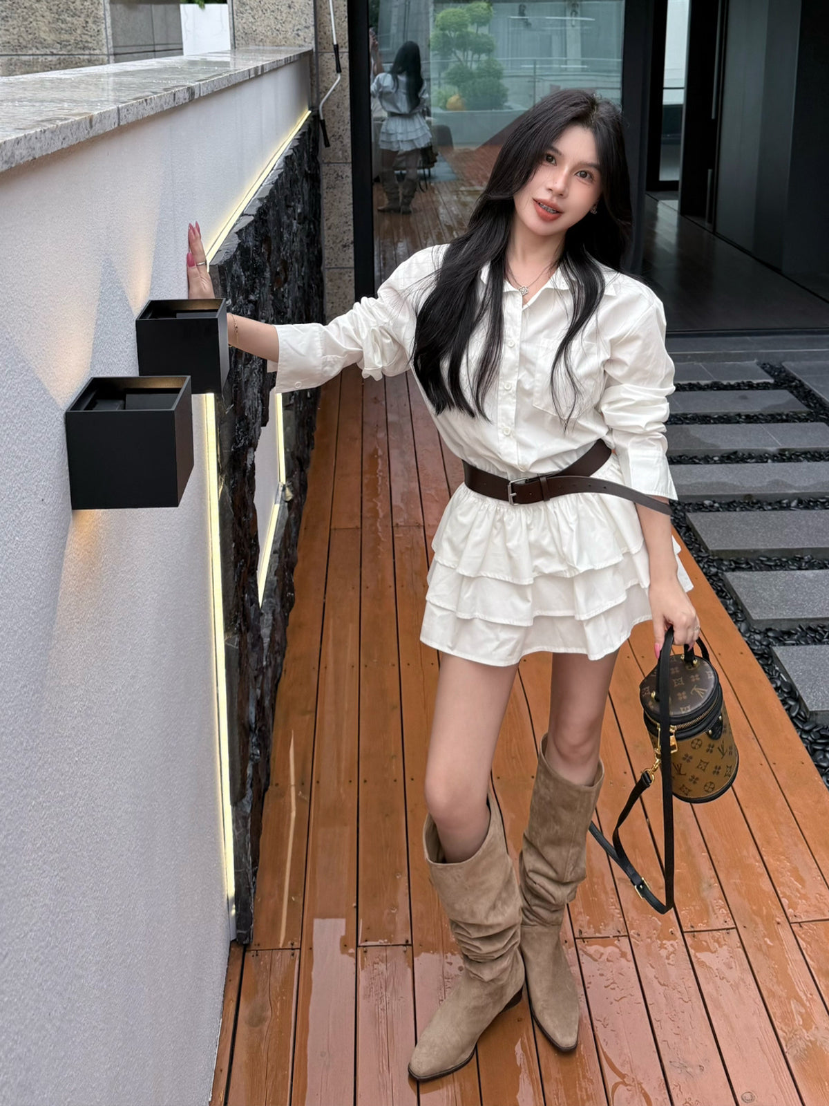 【dress】ベルト付きティアードシャツワンピース Q9045