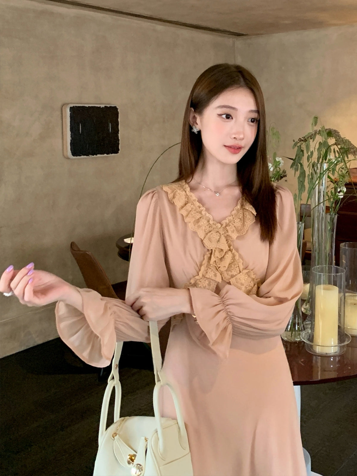 【dress】ギャザーフリルロングワンピース Q8933