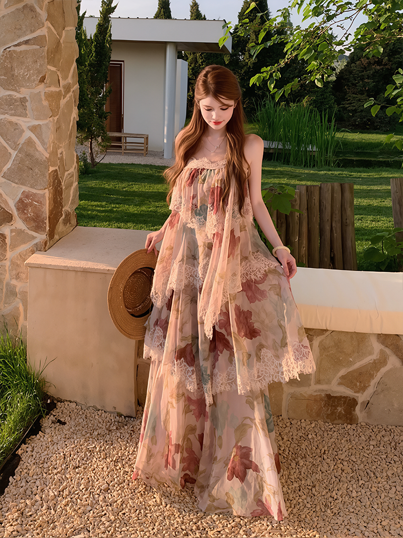 【dress】フラワー柄レースドッキングティアードキャミワンピース Q8628