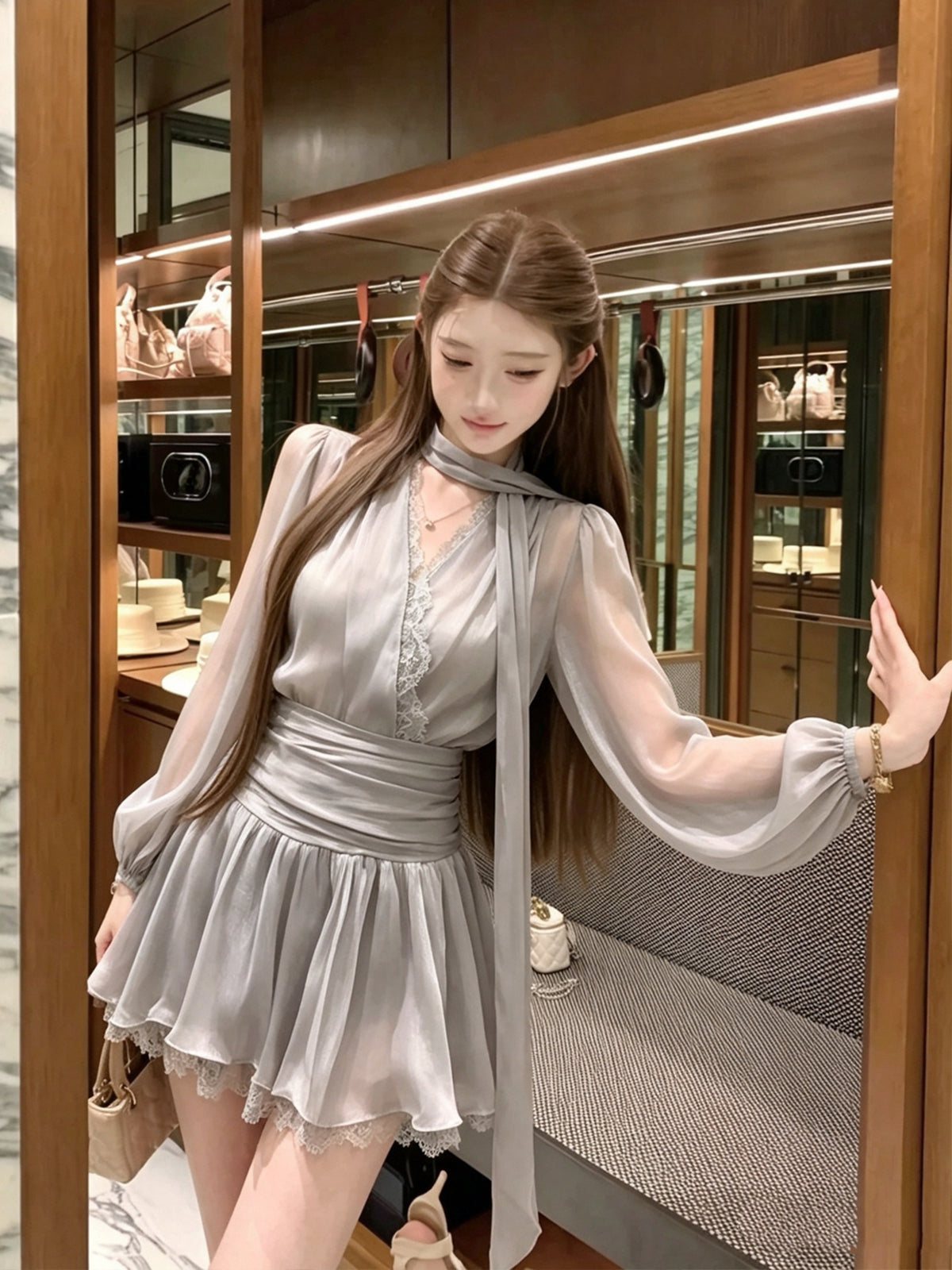 【set】レースドッキングブラウス×ミニスカートセット Q8898