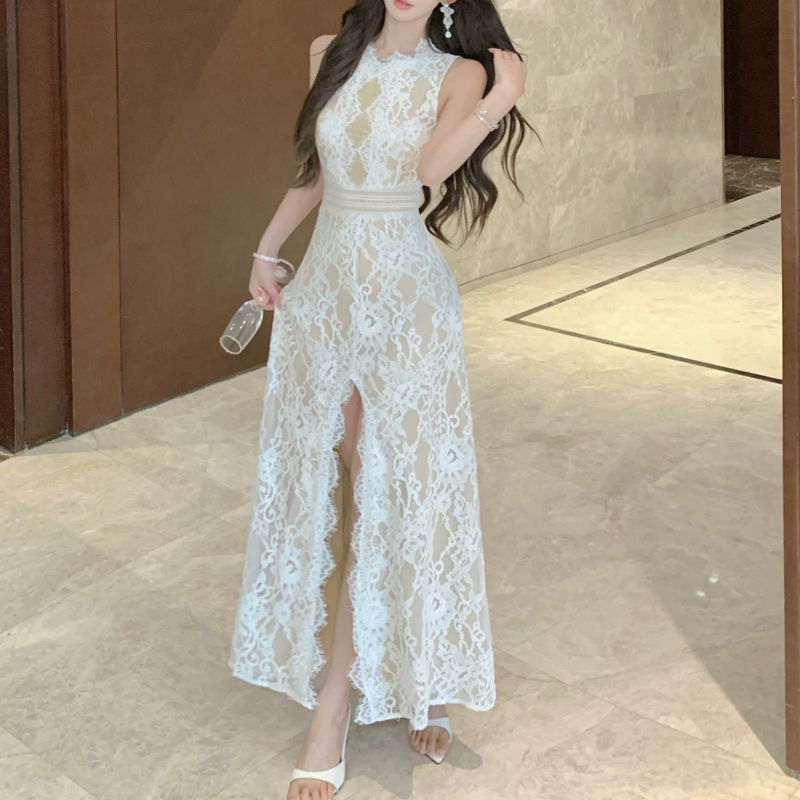 【dress】バックオープンスリットレースワンピース　M32516