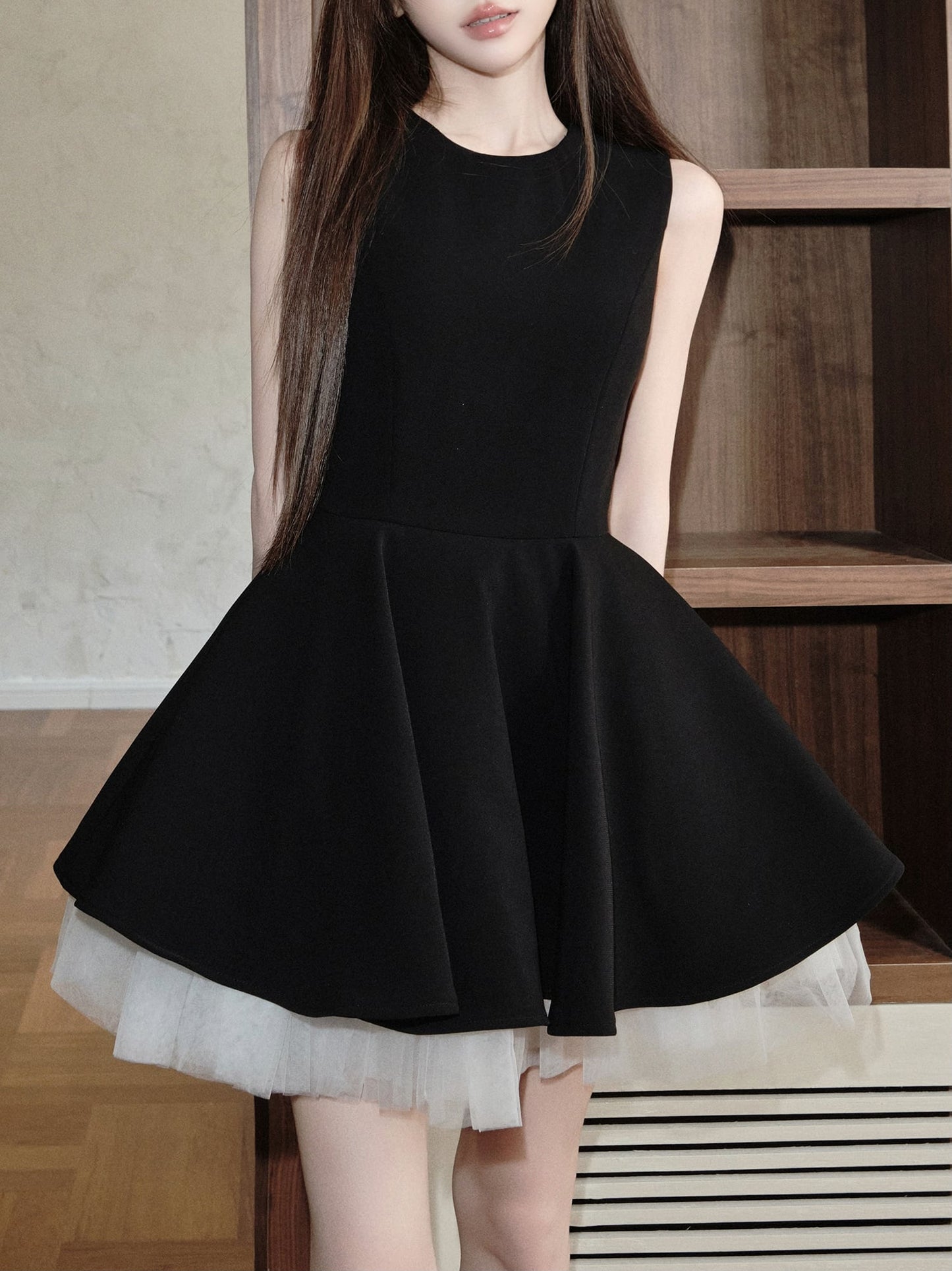 【dress】チュールドッキングノースリーブワンピース　N3093