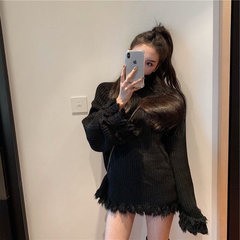 【tops】ハイネック長袖ファッション無地ゆったり着回しニットセーターF0840