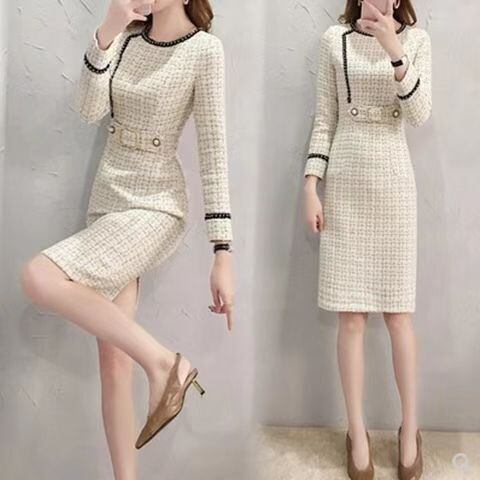 【dress】細身効果抜群♪ラウンドネック長袖韓国ファッションチェック柄OL通勤ボディラインワンピースF1540