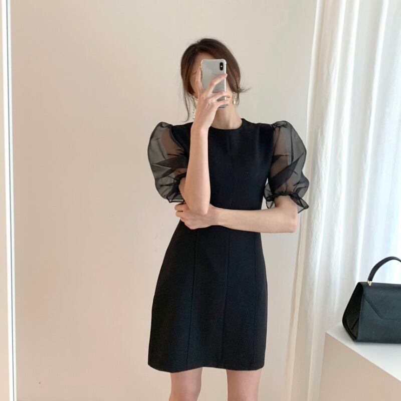 【dress】韓国風 気質満点ラウンドネックパフスリーブシフォン切り替えワンピース