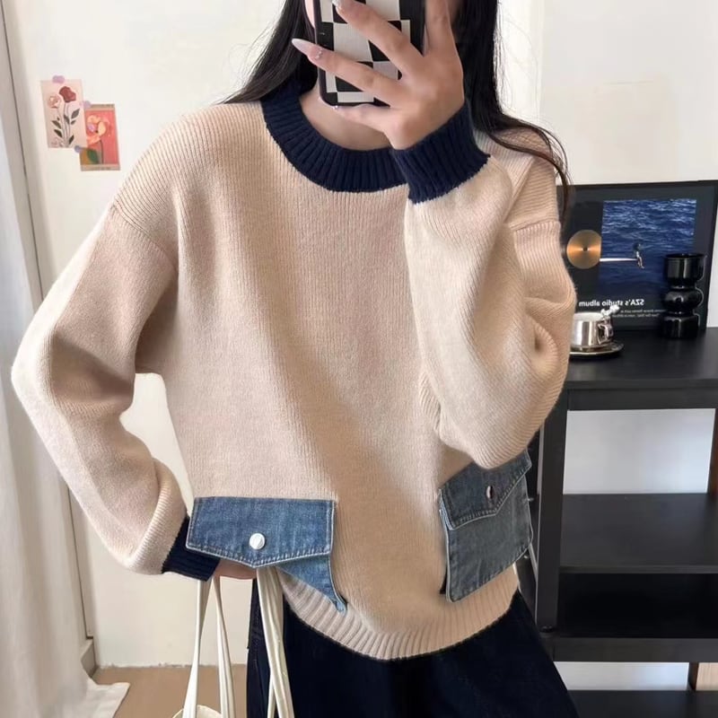 【tops】デニムポケット付きセーター Q6363