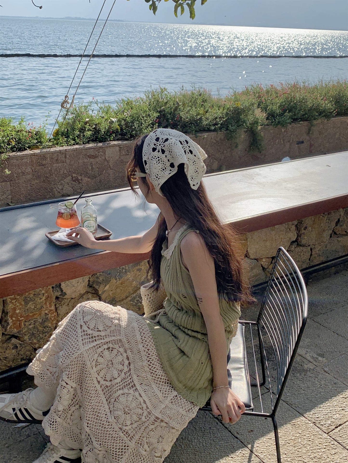 【set】ニットベスト+レース透かし彫りスカート２点セットG21099