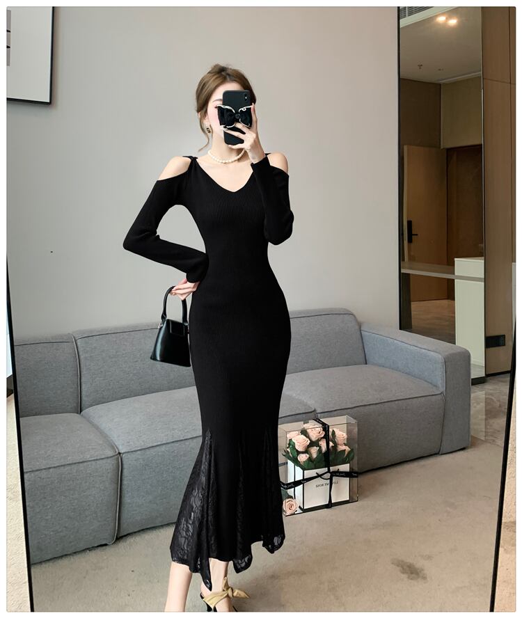 【dress】レースドッキングニットワンピース　M28023