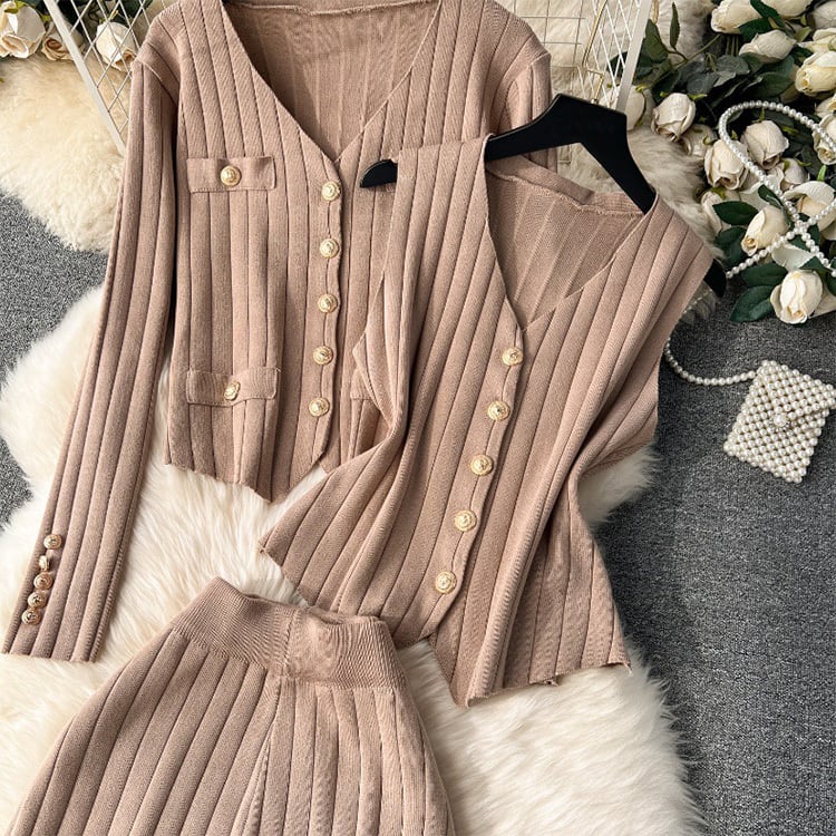 【set】ニットカーディガン+ベスト+ガウチョパンツ3点セットF6989