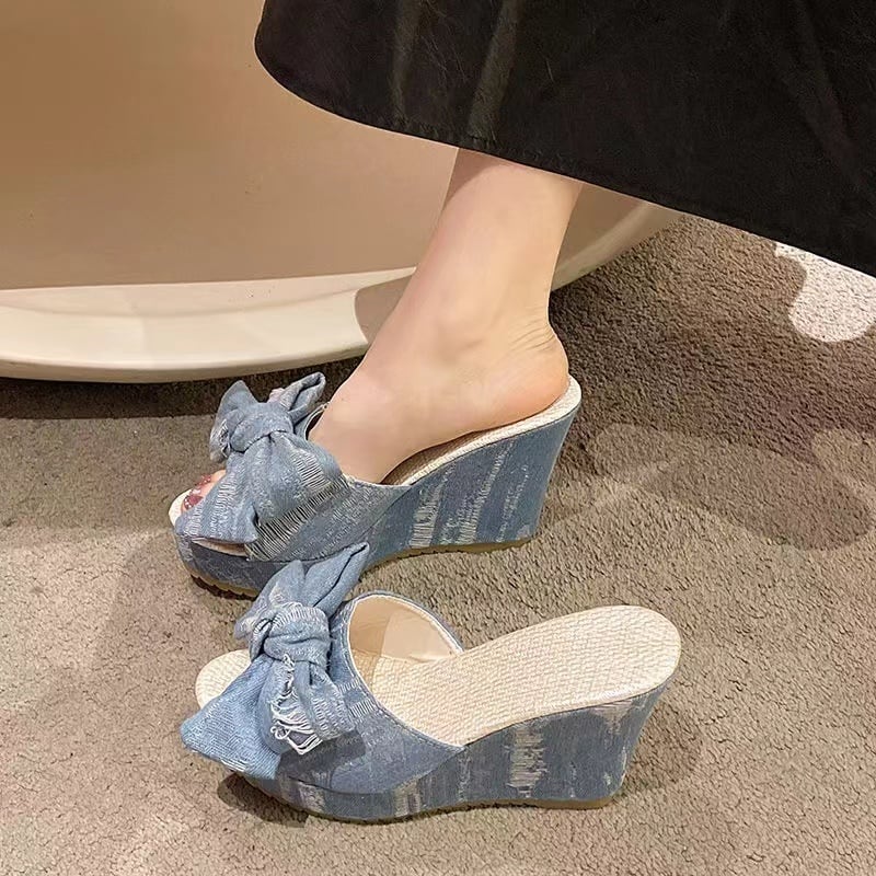 【Shoes】ウェッジヒールサンダルリボン付き  Ｋ0126