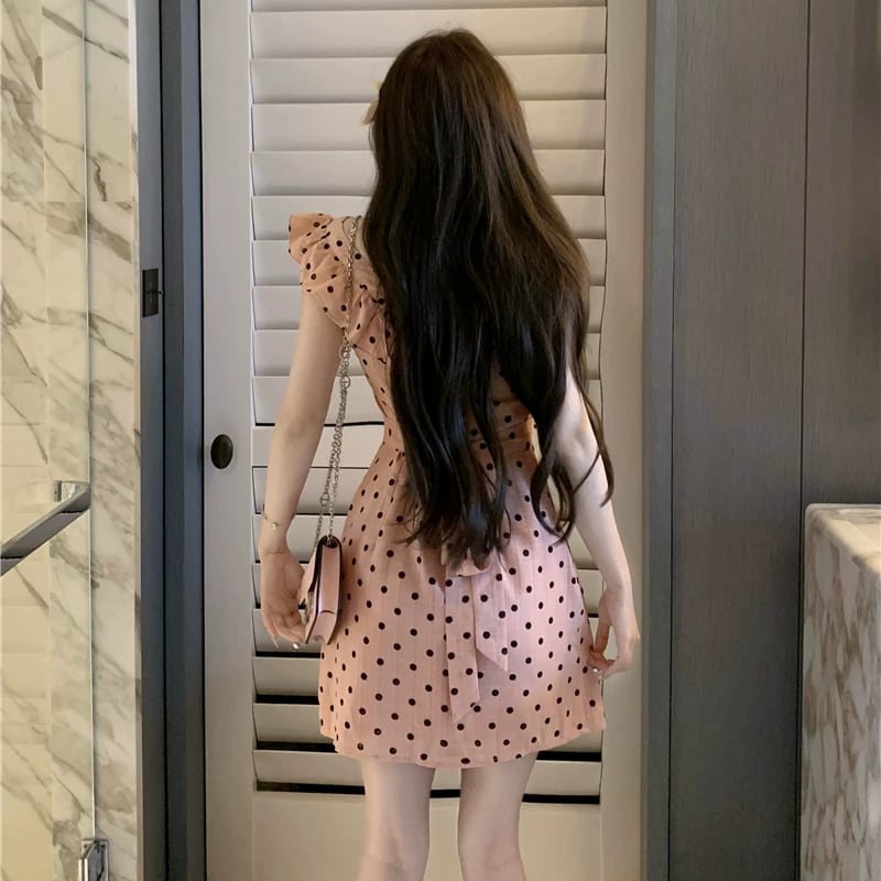 【dress】ギャザーフリルドット柄ミニワンピース Q8510