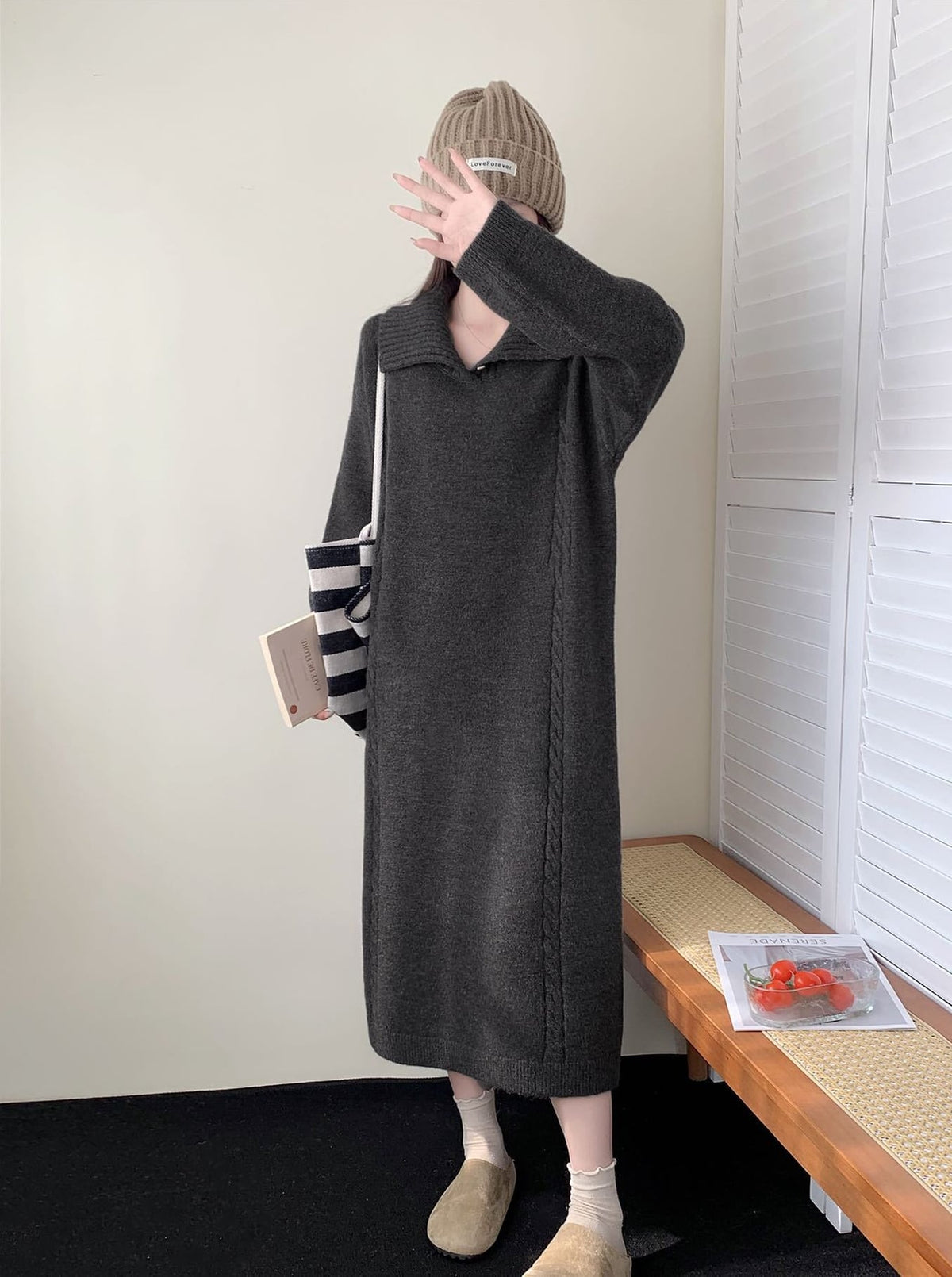 【dress】折り襟ロングニットワンピース Q7771