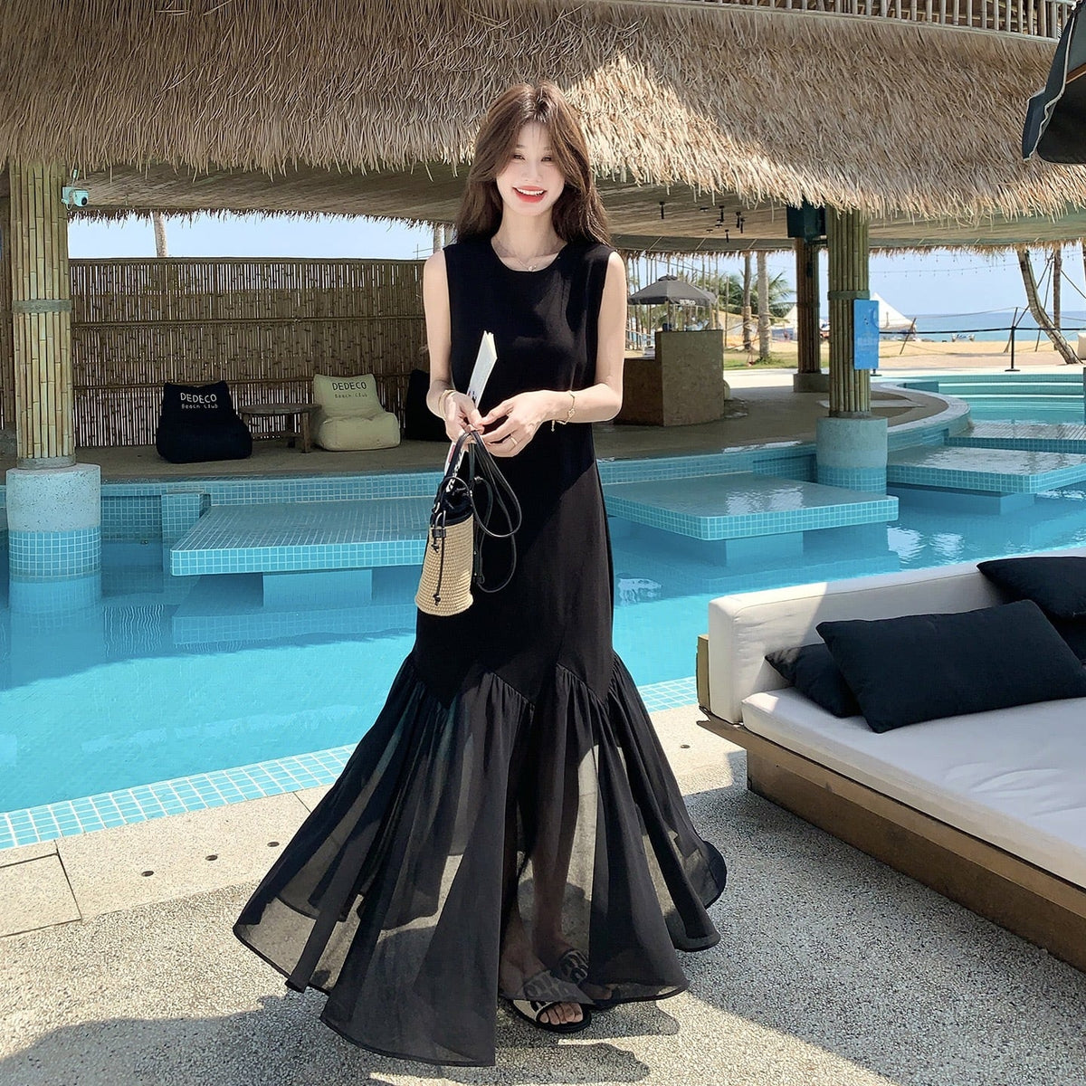 【dress】チュールドッキングロングワンピース　K0554