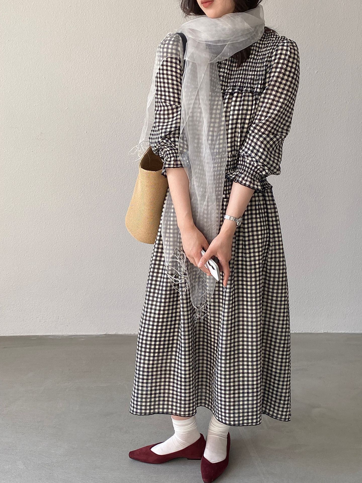 【dress】チェック柄ロングワンピース Q8249