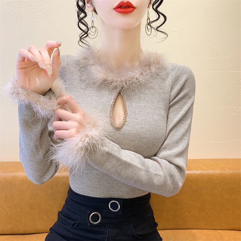 【tops】フェイクファーニットトップス　N2918
