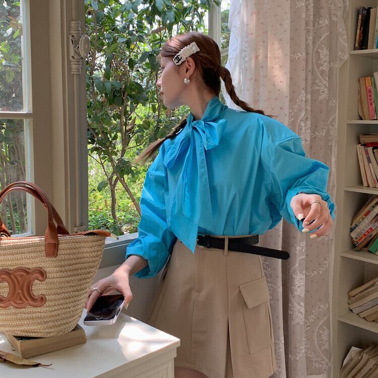 【tops】リボン付きシャツブラウス　M29818