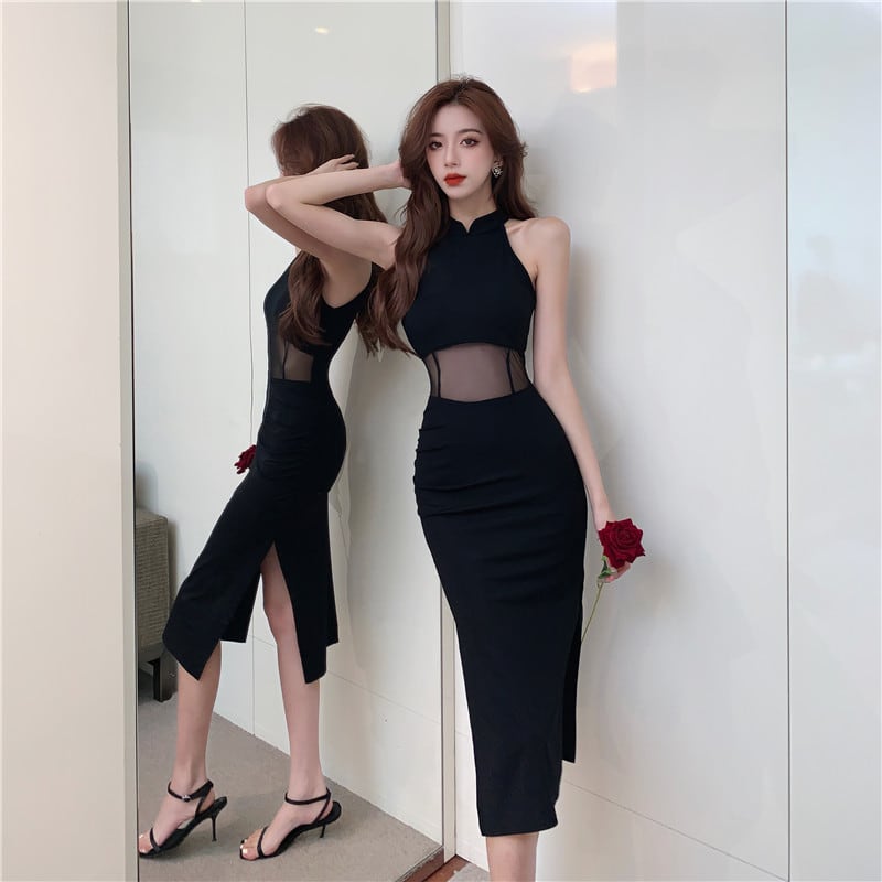 【dress】ノースリーブチュールドッキングワンピース Q8431