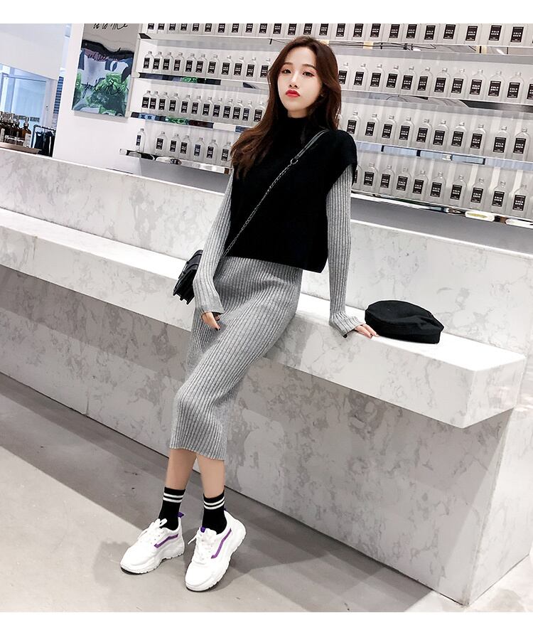 【set】秋冬新作好感度UP!気質満点ファッションベスト+ニットワンピース２点セット G3606
