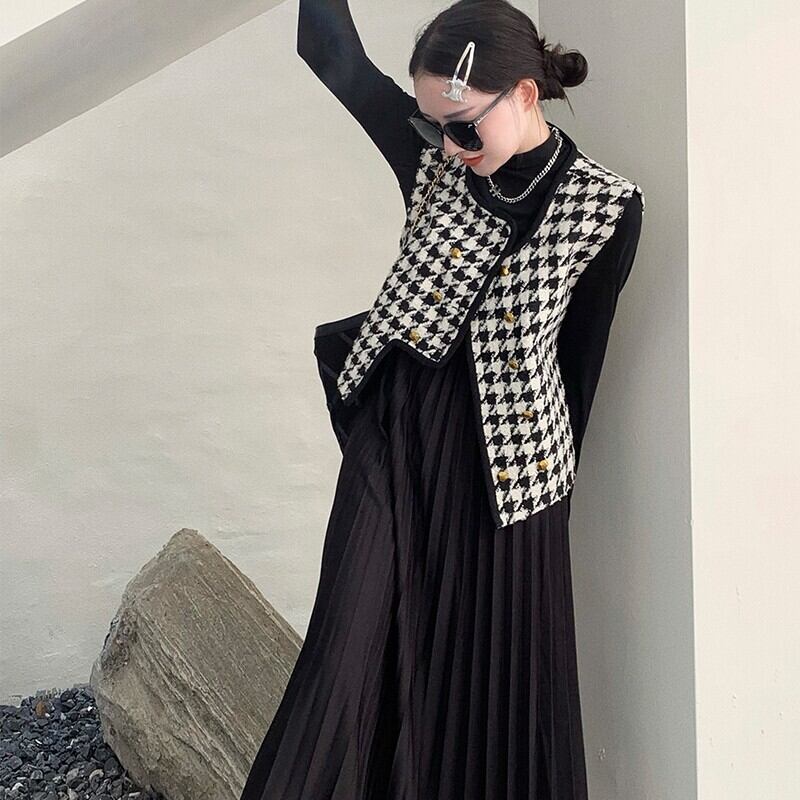 【set】ツイードジレ×ニットプリーツワンピースセット　N2122