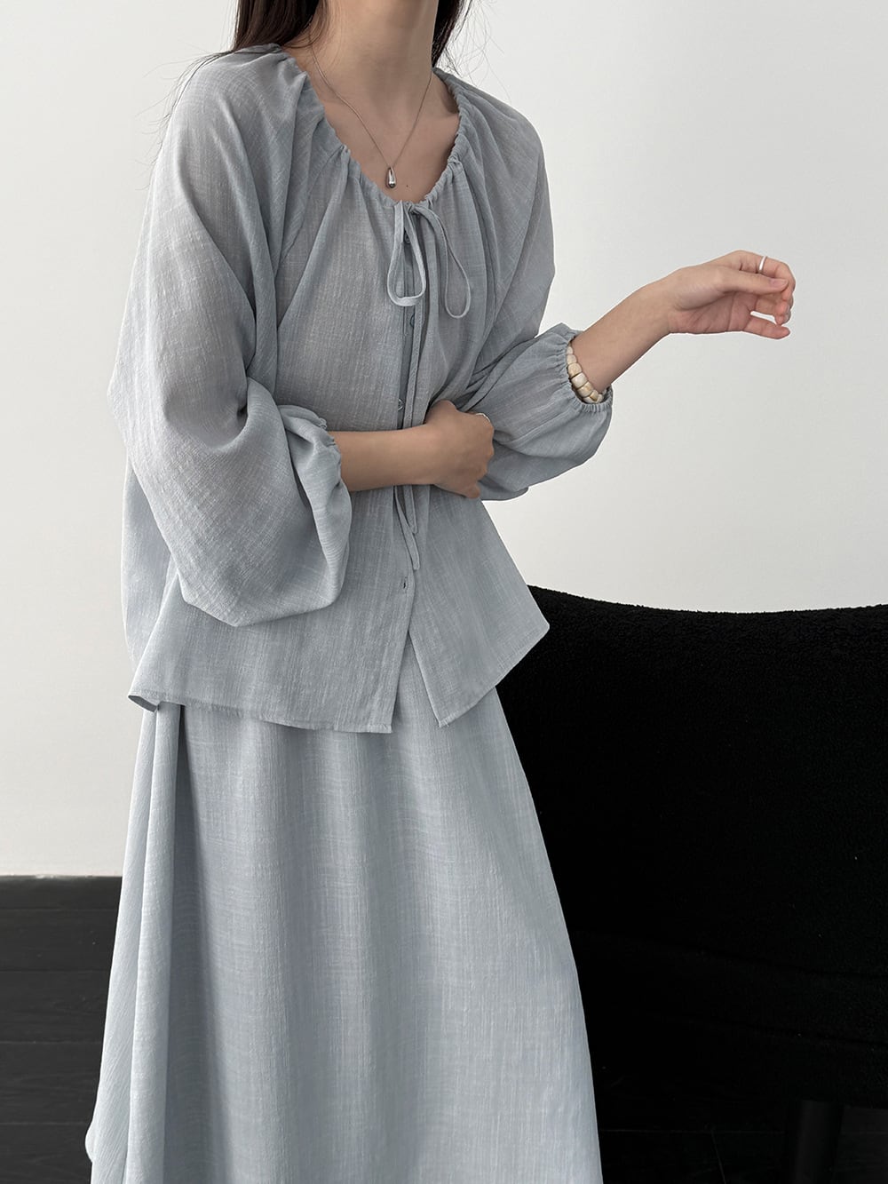 【set】リボン付きトップス×ロングスカートセット Q8324