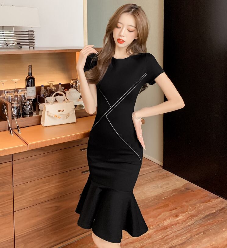 【dress】細身効果抜群好感度UP!韓国風OL通勤気質満点フリルマーメイドワンピース