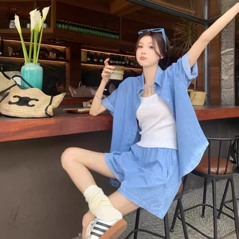 【set】薄手デニムブラウス+ショートパンツ２点セットG21568