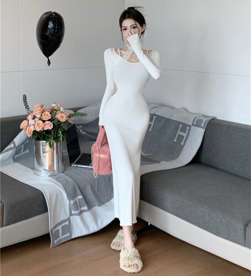 【dress】レースドッキングニットワンピース　M27875