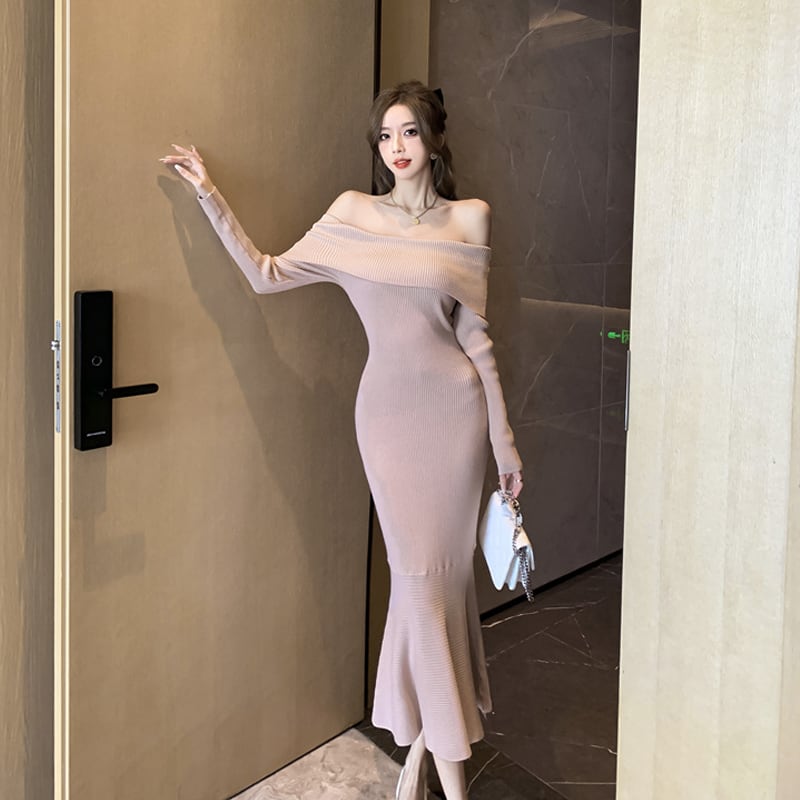 【dress】オフショルダーマーメイドニットワンピース Q7221