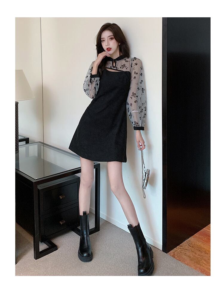 【dress】韓流スタイル!気質満点秋冬スタンドネックデザイン切り替えワンピース G2066