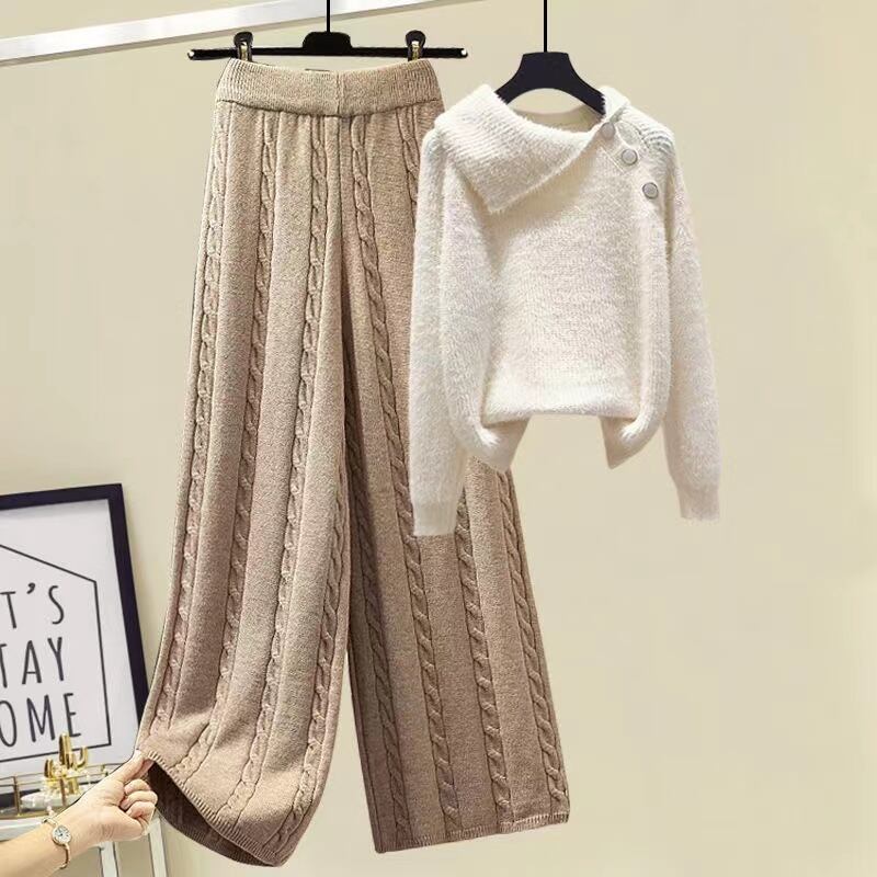 【set】店長推薦〜秋冬新作長袖セーター+ニットガウチョパンツワイドレッグパンツ韓国ファッション2点セットF1102