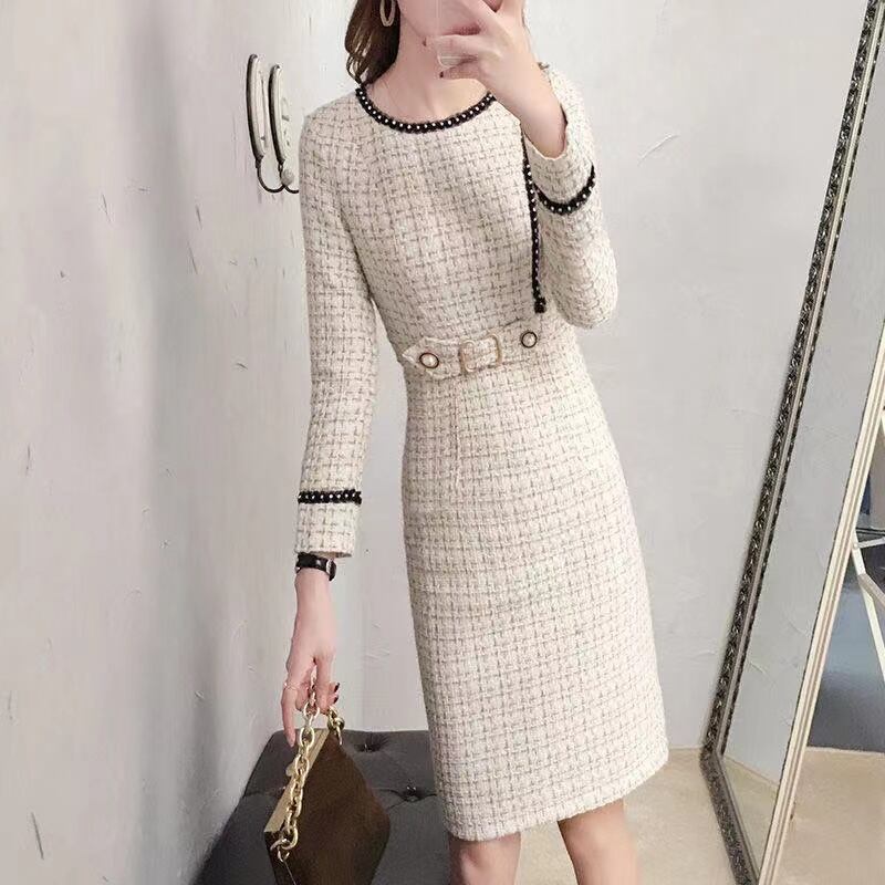 【dress】細身効果抜群♪ラウンドネック長袖韓国ファッションチェック柄OL通勤ボディラインワンピースF1540