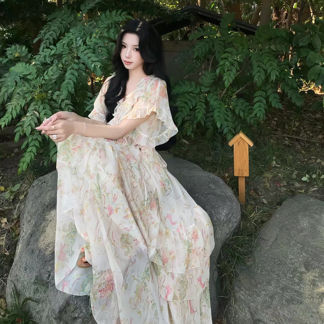 【dress】フリルプリントロングワンピース  N3575