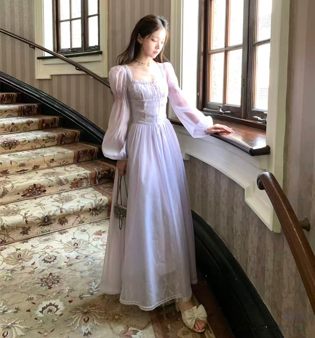 【dress】スクエアネックレースロングワンピース Q6388