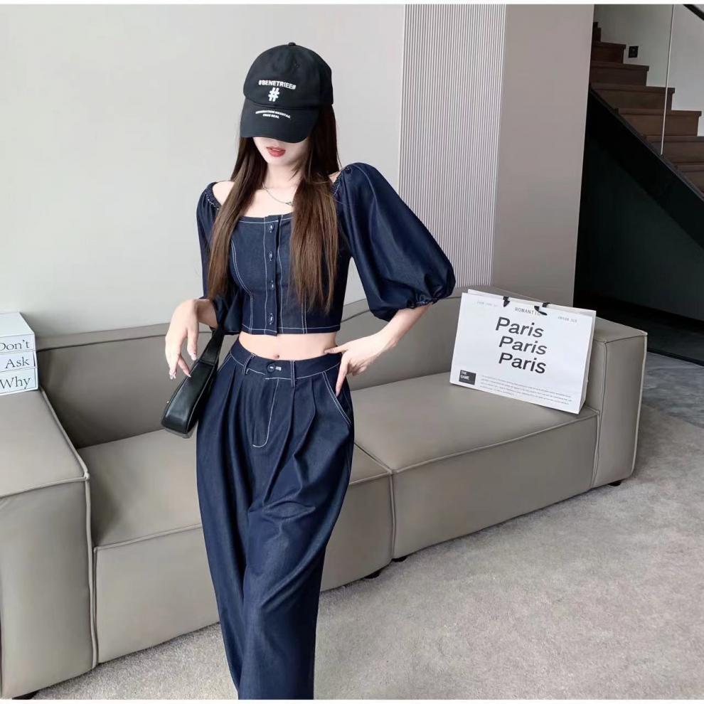 【set】オフネック半袖パフ袖ブラウス+無地ガウチョパンツ2点セットF5313