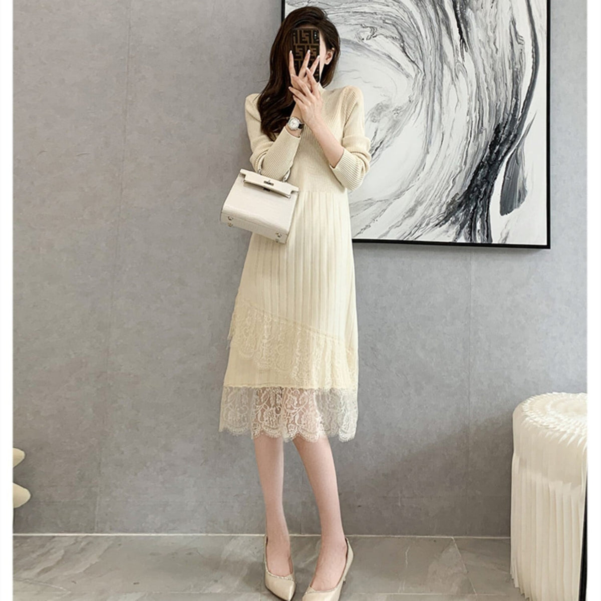 【dress】レースドッキングニットワンピース 　N2226