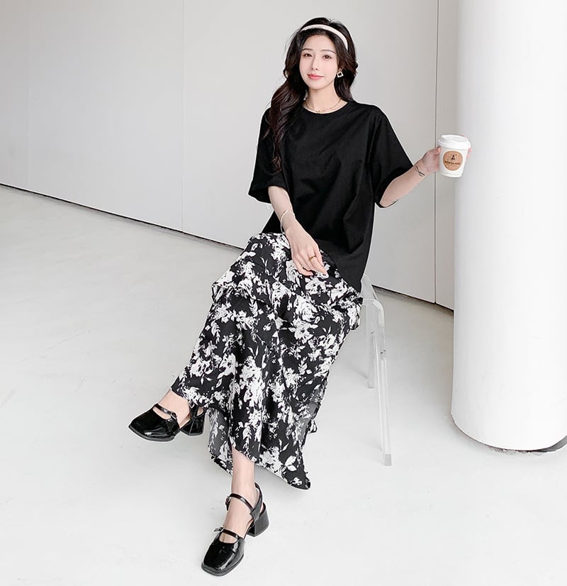 【dress】偽二つ切り替え花柄TシャツワンピースG20456