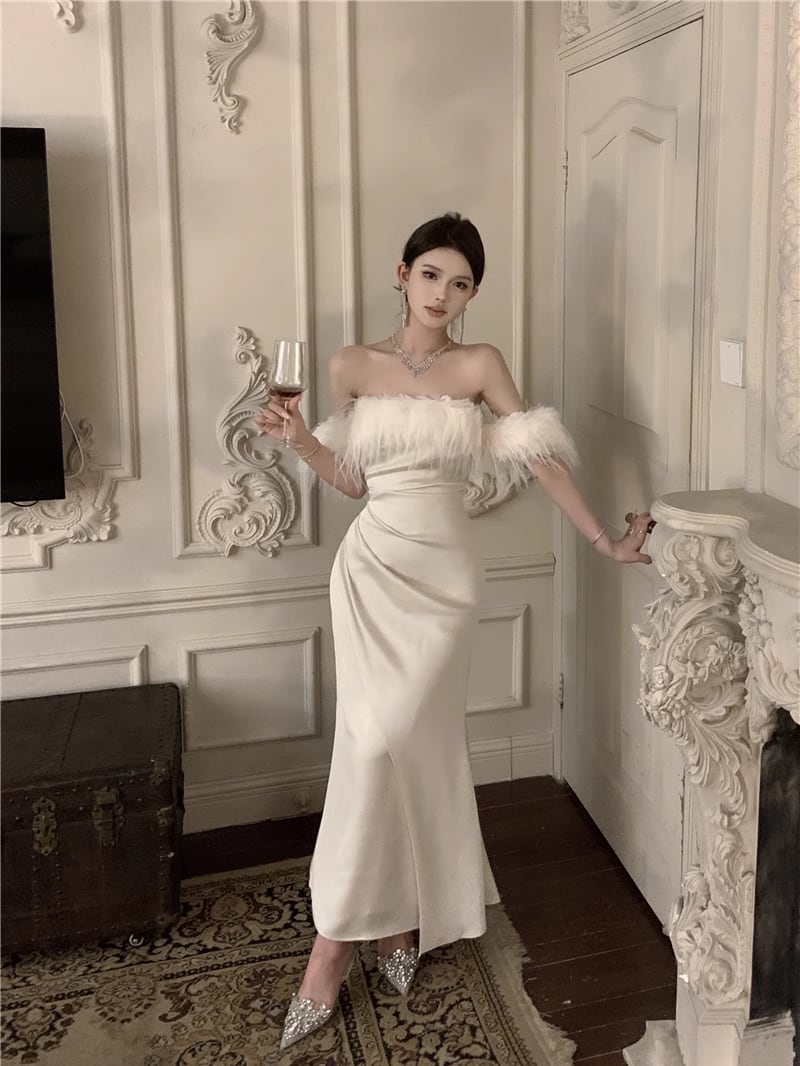 【dress】ファー付きオフショルダーワンピース Q7632
